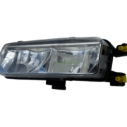 Rectangular Car Headlight Assembly with a Clear Lens and Yellow Mounting Clips Isolated on a White Background