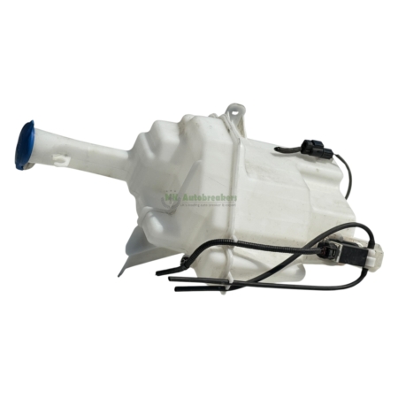 White plastic windshield washer fluid reservoir with a blue cap and attached wiring/pump harnesses