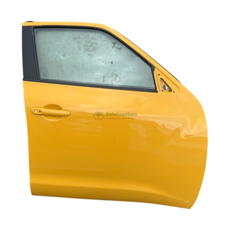 Yellow car door with window and exterior handle, isolated on white background.