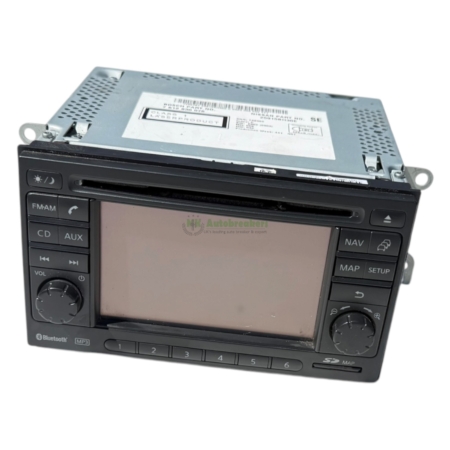 Car stereo head unit with a large touchscreen and multiple labeled buttons (CD/AUX, NAV, MAP, SETUP) and Bluetooth/MP3 logos on the bezel