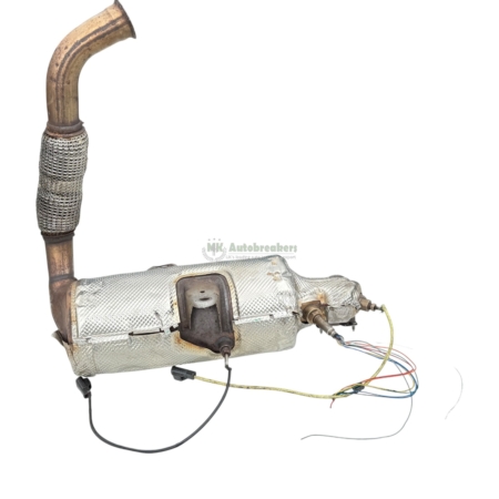 Used automotive exhaust component featuring a curved pipe and a damaged catalytic converter with a braided heat shield and exposed wiring harnesses.