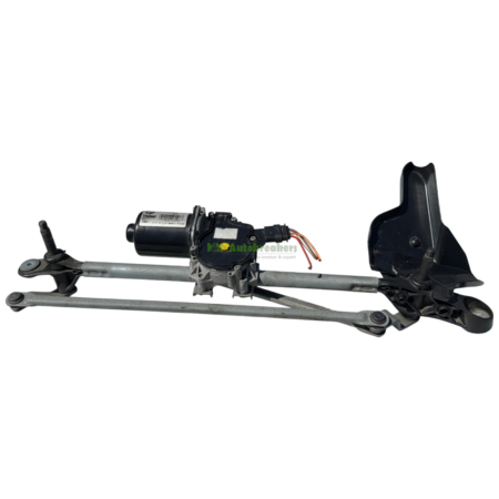 Automotive windshield wiper motor attached to a metal linkage frame with wires