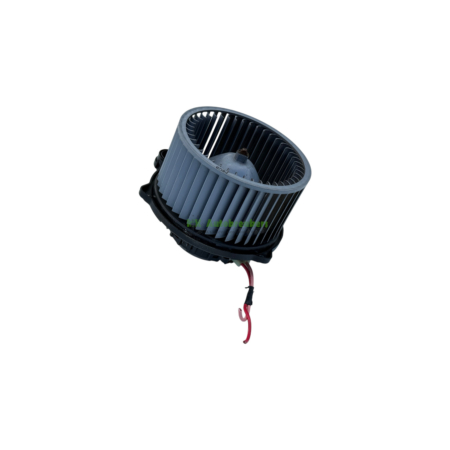 Centrifugal blower wheel with metal fins and red wiring, a component of an HVAC fan system