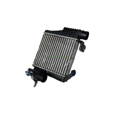 Vehicle heater core assembly with aluminum fins and black plastic inlet/outlet fittings
