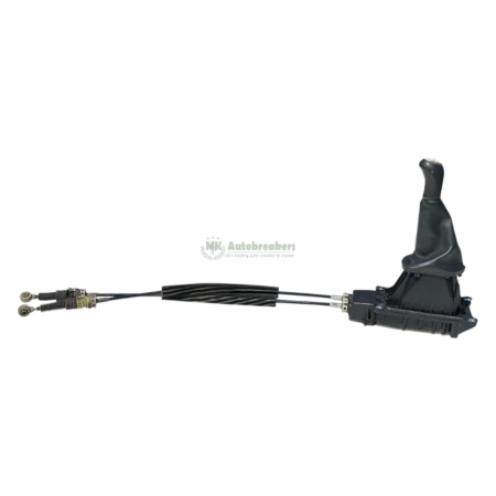 Gear selector lever with black leather boot and attached cable harness on a white background, watermark NK Autobrakers.