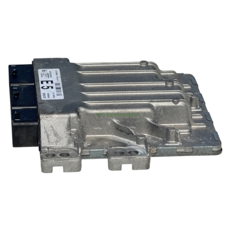 Automotive engine control unit (ECU) in a metallic housing with a black connector block on the left side.